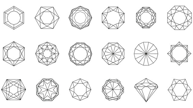 Collection of black and white geometric line art diagrams illustrating diamond cutting and facet patterns