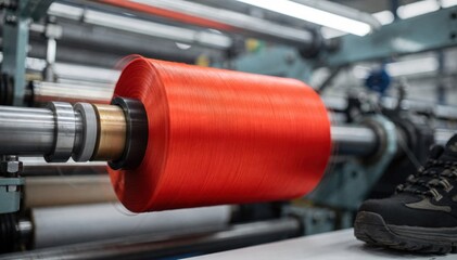 Medium shot of polyester thread spool rotating in a textile factory showcasing smooth texture and vibrant color used in robust footwear manufacturing.
