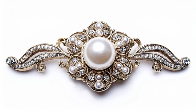 ornate antique pearl and diamond brooch isolated on white background