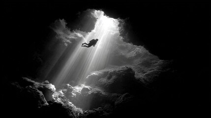 Obraz premium Black And White Cave Diver Silhouette