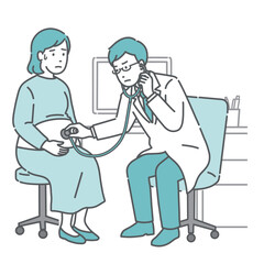 聴診器で異常を確認する男性医師（白衣・体調不良の妊婦）