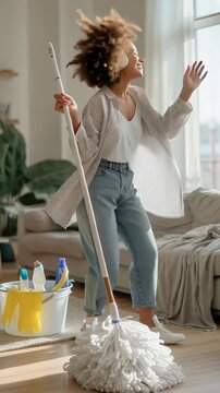 Joyful woman dancing while cleaning at home