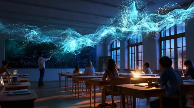 A captivating classroom scene captures an engaging teacher demonstrating a mesmerizing display of light and motion while students attentively observe and absorb the knowledge being shared.