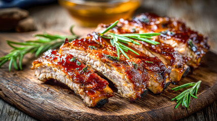 Delicious glazed barbecue ribs sliced and garnished with fresh rosemary on a rustic wooden board for a mouthwatering homemade meal experience