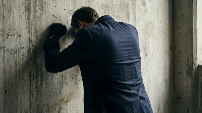 Desperate Man in Blue Coat Leaning Against Concrete Wall Wearing Black Gloves with Head Down