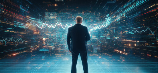Businessman analyzing financial data with advanced digital technology in futuristic setting