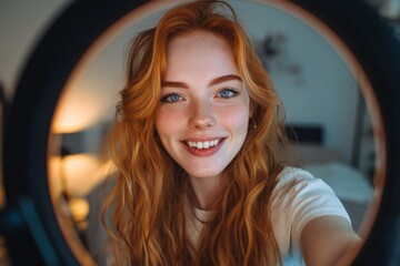 Happy young woman with ginger hair and freckles smiling at camera through a ring light, lifestyle portrait of a content creator or influencer recording video at home