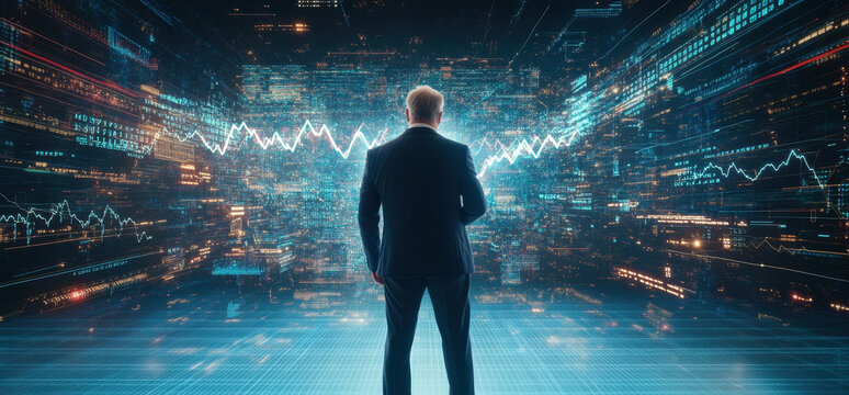 Businessman analyzing financial data with advanced digital technology in futuristic setting - Powered by Adobe