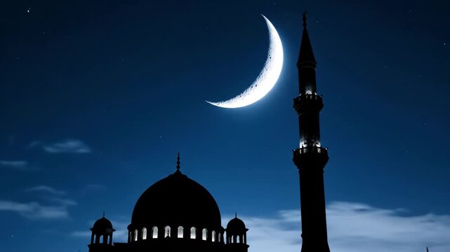 Animated crescent moon over a mosque silhouette at night. Islamic background for Ramadan Kareem and Eid celebration. Spiritual time-lapse of clouds and stars