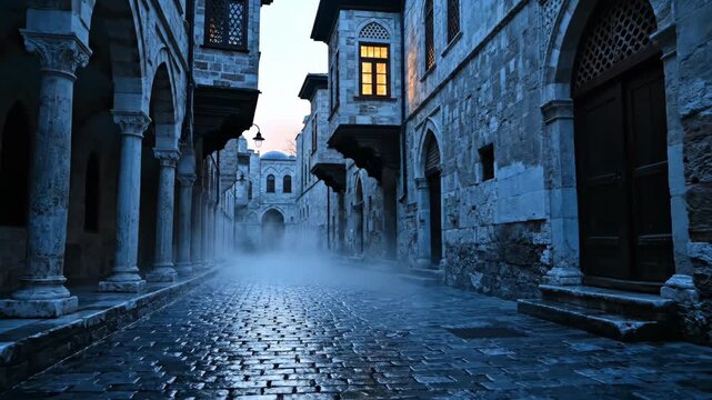 A mysterious foggy street in an ancient city at night. Historic cobblestone alley with old stone buildings and islamic architecture. Atmospheric and spooky scene