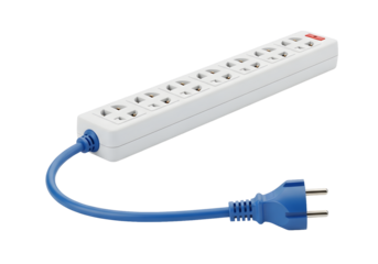 Power strip with multiple outlets and blue cord and plug