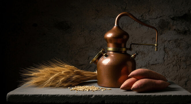 Vintage copper alembic still in distillery for alcohol distillation of whiskey from wheat, barley and sweet potato. Rustic craft distillation equipment with raw organic ingredients on stone.