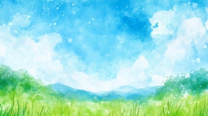 Obraz premium Watercolor illustration showing a blue sky with clouds and a green ground with hills in the background, suitable for invitation cards or decorative backgrounds