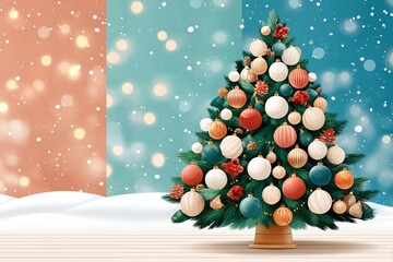 Pastel decorated Christmas tree indoors with snowy backdrop for festive holiday scene