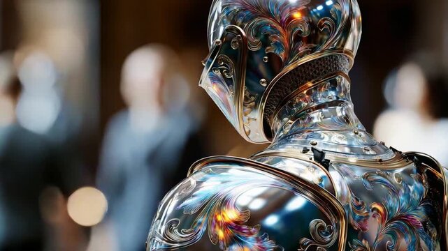 A Stunning and Intricate Robotic Knight Figure Reflects Elegance and Modern Craftsmanship, Showcasing Detailed Patterns and a Unique Design in a Vibrant Environment