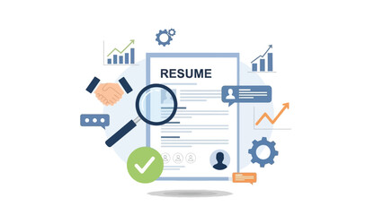 Recruiting concept featuring resume evaluation magnifying glass handshake and business growth charts