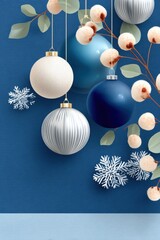 Elegant blue and silver Christmas ornaments with snowflakes on a dark blue background