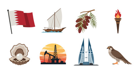 Bahrain National Symbols Collection: Flag, Dhow, Dates, Torch, Pearl, Oil Rig, Towers, Falcon