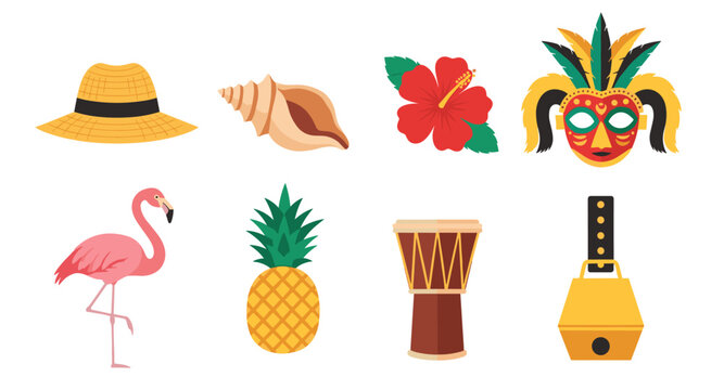 Tropical vacation symbols: flamingo, pineapple, mask, hat, shell, hibiscus, drum, cowbell