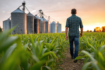 Naklejka premium Farmer walking through cornfield with silos and sunset in the background