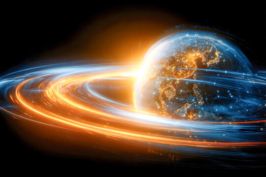 Futuristic digital globe with illuminated continents surrounded by glowing orange and blue energy rings symbolizing global connectivity and advanced technology - Powered by Adobe