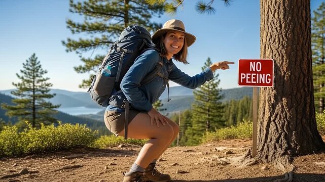hiker with backpack in forest beside no peeing sign, mountains in background