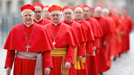 A procession of cardinals in red attire walking down a paved pathway