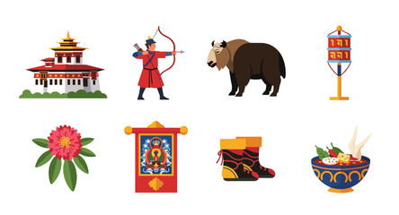 Bhutanese cultural symbols and landmarks illustrated in a flat design style