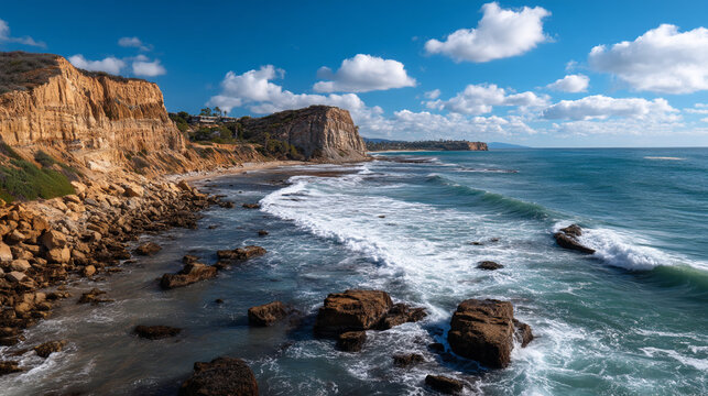 Beautiful coastal landscape with cliffs and blue ocean waves - Powered by Adobe