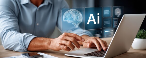 A person uses AI technology on a laptop with holographic artificial intelligence icons display