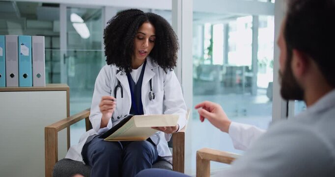 People, doctors and meeting with clipboard in office for planning, review case and medical records. Team, discussion or checklist for healthcare briefing, treatment information and procedure feedback