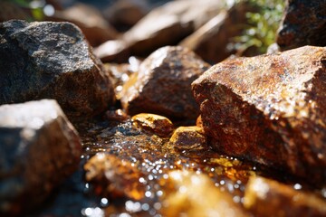 A clear stream flows through rocks in the morning, with sunlight reflecting off the water and stones in the natural setting