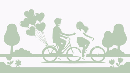 Naklejka premium Romantic Couple Riding Bicycles in Park Holding Hands with Heart Balloons. Flat Design Illustration for Love and Dating.