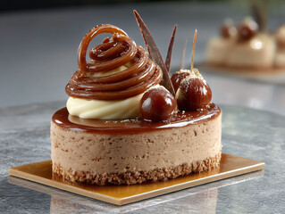 Chocolate mousse cake with chestnut cream and caramel glaze