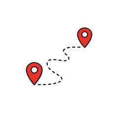 Simple line illustration of a route path connecting location pins, representing journey, travel, and direction.