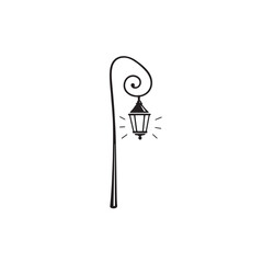 Minimal line illustration of a vintage street lamp with light rays, symbolizing guidance, warmth, and night atmosphere.