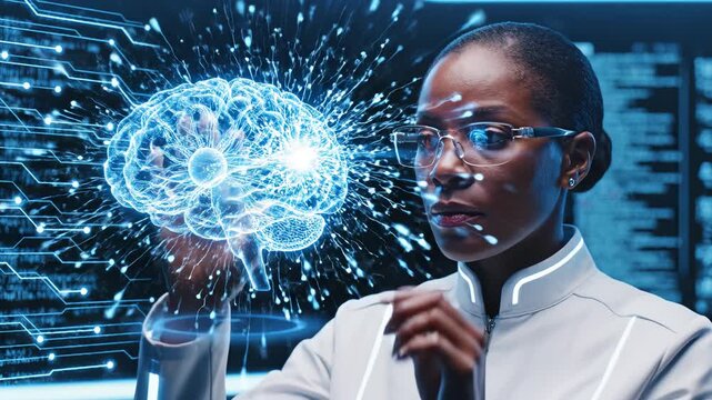 Woman interacting with digital brain