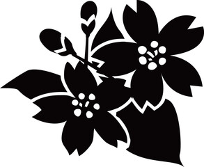 桜の花と葉とつぼみのシルエット白黒ベクター イラスト