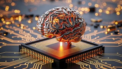 a brain on a computer chip with glowing orange light