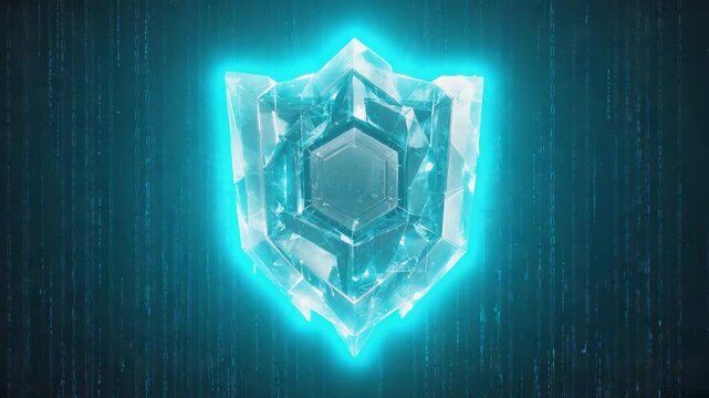 The shield assembles inward smoothly The camera remains locked Data streams flow gently across the surface Cinematic realism