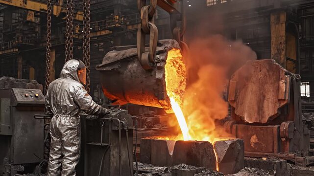 Steel production worker pouring molten metal