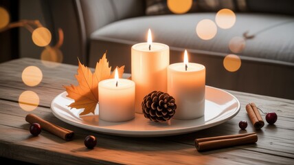 Cozy autumnal centerpiece with candles and natural elements
