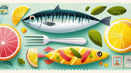Colorful fish and citrus composition with vibrant Mediterranean elements