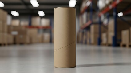A brown cylindrical object stands upright on a gray warehouse floor surrounded by stacked boxes and shelving units