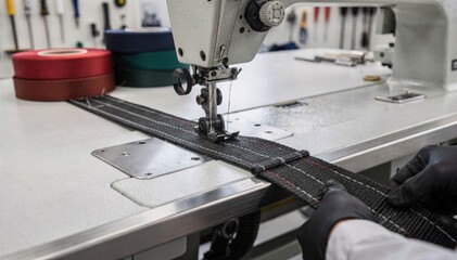 Medium shot of industrial flat webbing straps being precisely cut and stitched on heavyduty sewing machines in a clean fabrication workshop.