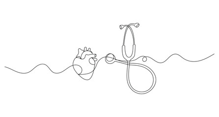 Stethoscope and human heart continuous one line drawing on white background