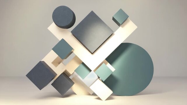 The shapes shift slowly into alignment The camera remains locked Subtle light pulses move across surfaces Cinematic realism