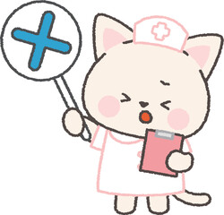 バツ印の札を持った白ネコの看護師