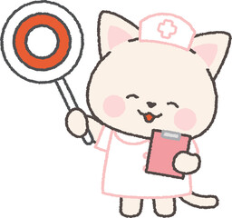 丸印の札を持った白ネコの看護師