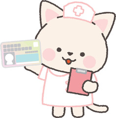 マイナンバーカードを持った白ネコの看護師